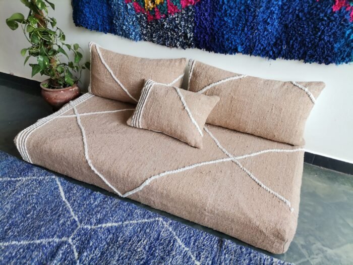 Right view of beige Moroccan floor sofa – handcrafted low seating with cushions for calm and warm-toned decor