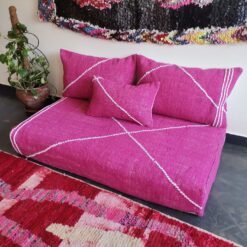 Right view of pink Moroccan floor seating – handmade low sofa with soft cushions for feminine and cozy rooms