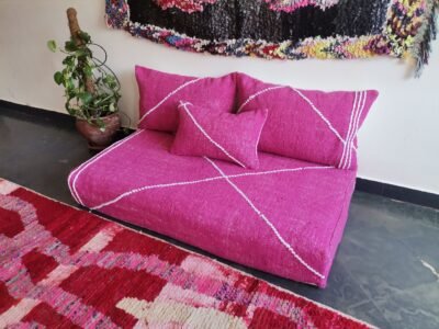Right view of pink Moroccan floor seating – handmade low sofa with soft cushions for feminine and cozy rooms