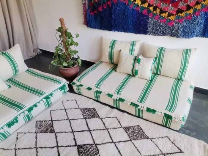 Moroccan Floor Couch Cover Set Cream - Green Stripes - Image 3