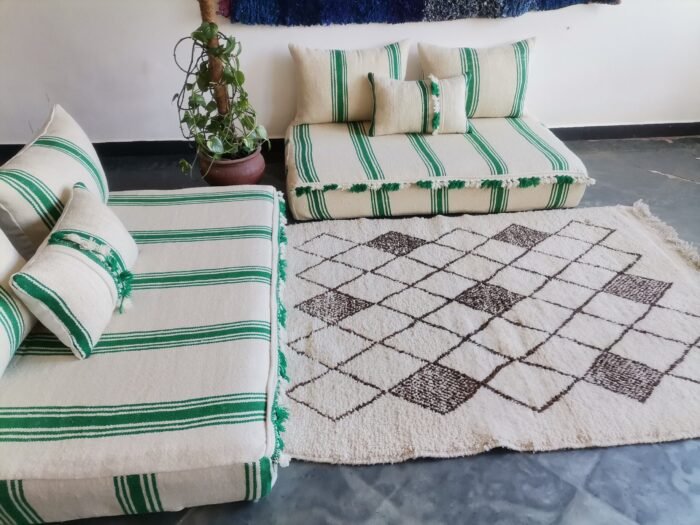 Moroccan Floor Couch Cover Set Cream - Green Stripes - Image 4