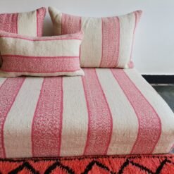 Handwoven Moroccan wool floor sofa in cream with pink – Handmade seating with cushions for Living room interiors