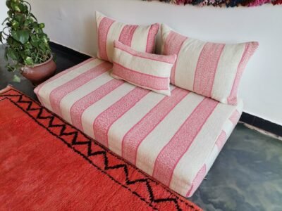 handmade Moroccan sofa in cream with soft pink tones – low floor couch for relaxed boho homes