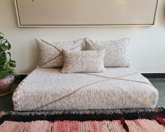 Main image of Moroccan floor sofa in cream with beige details – artisan handmade cover set with soft cushions for elegant interiors