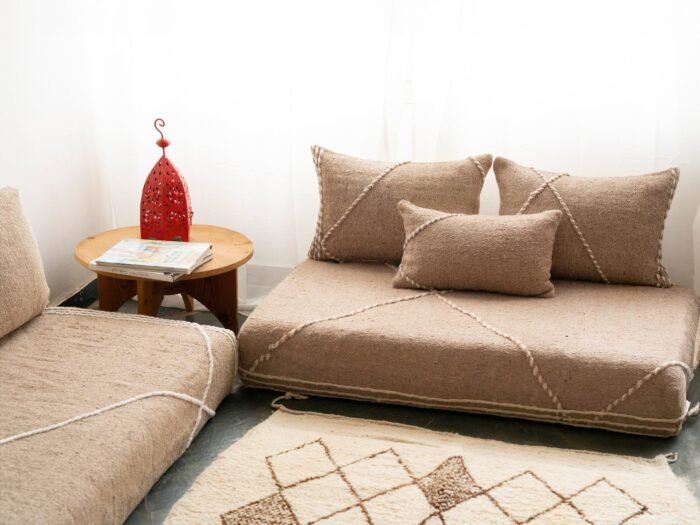 Right view of beige Moroccan floor sofa – handcrafted low seating with cushions for calm and warm-toned decor