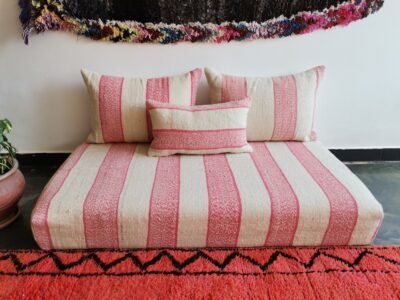 Handcrafted Moroccan floor couch set in cream and pink, made from high-quality cotton. Covers only, stuffing not included.