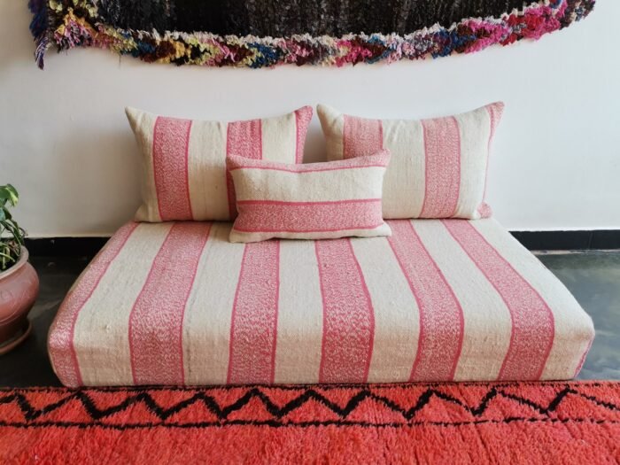 Handcrafted Moroccan floor couch set in cream and pink, made from high-quality cotton. Covers only, stuffing not included.