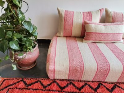 Pillows from Moroccan wool couch in cream with light pink – artisan handmade cushion covers for modern decor