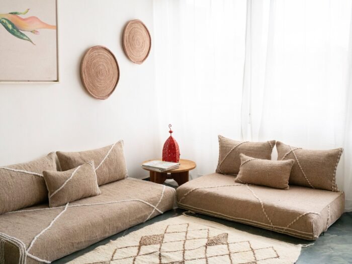 Left view of artisan beige Moroccan couch – ideal for neutral, boho, and cozy spaces