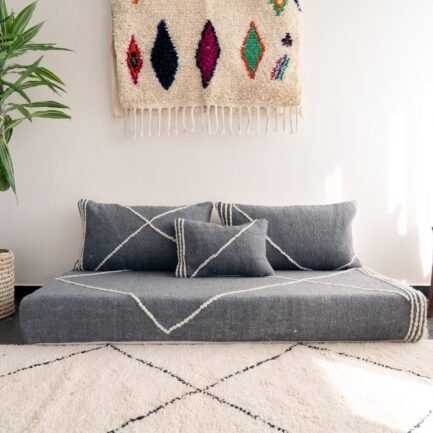 Video presenting dark gray Moroccan handmade couch – ideal for boho-modern living rooms with a warm, relaxed vibe