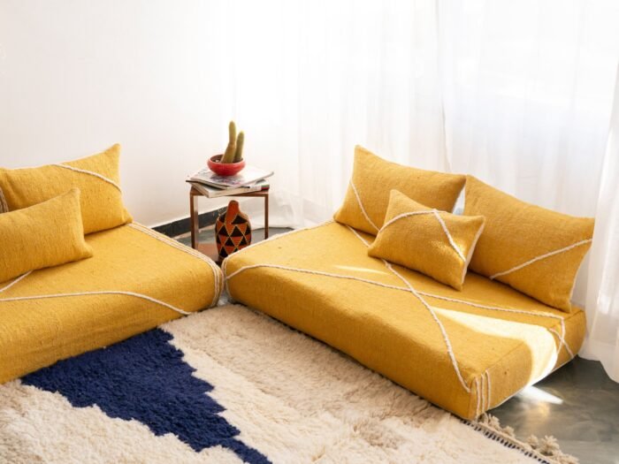 Right side view of yellow Moroccan floor sofa – handcrafted boho seating with bold cushions for vibrant interiors