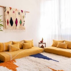 Left angle of handmade yellow floor couch – Moroccan low seating for eclectic and cozy home decor