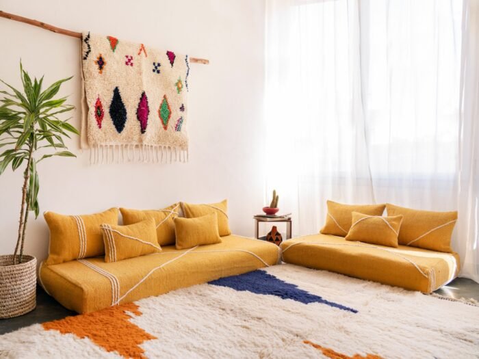 Left angle of handmade yellow floor couch – Moroccan low seating for eclectic and cozy home decor