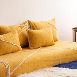 Left angle of handmade yellow floor couch – Moroccan low seating for eclectic and cozy home decor