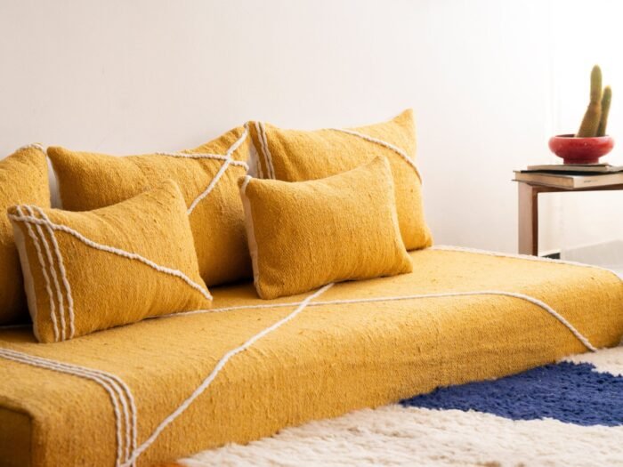 Left angle of handmade yellow floor couch – Moroccan low seating for eclectic and cozy home decor