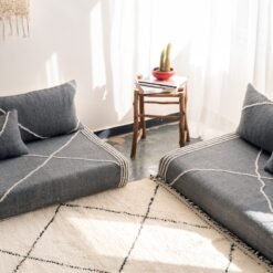 Top view of dark gray Moroccan floor couch – artisan seating set for moody, modern decor