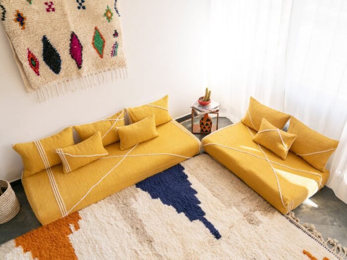 Left angle of handmade yellow floor couch – Moroccan low seating for eclectic and cozy home decor