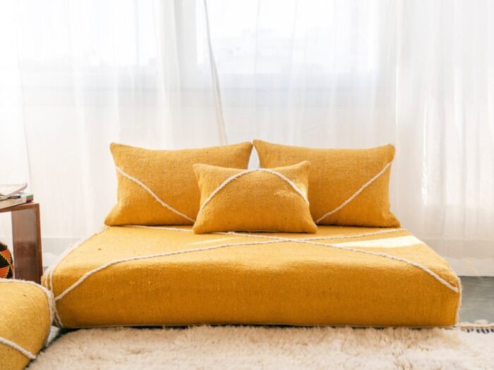 Handmade yellow Moroccan floor sofa set – vibrant boho seating with plain cushions for cozy and eclectic home decor