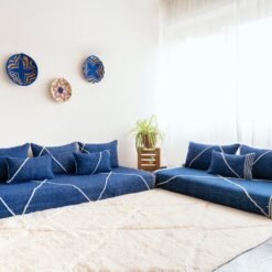 Left angle of blue Moroccan floor couch – handmade low seating with cushions for serene and stylish home decor