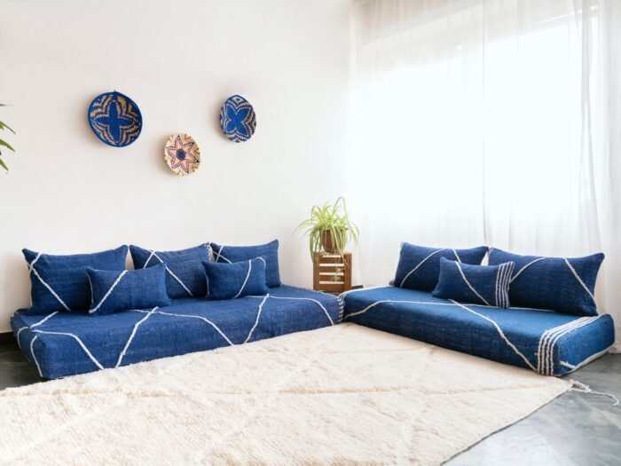 Left angle of blue Moroccan floor couch – handmade low seating with cushions for serene and stylish home decor