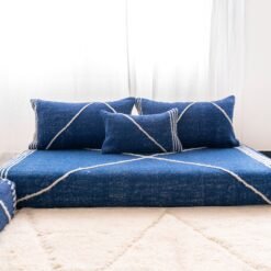 Top view of Moroccan blue floor sofa – handwoven low seating set with plain cushions for relaxed boho spaces
