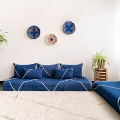 Main image of blue handmade Moroccan floor couch – artisan low seating with plain cushions for calming boho-style interiors
