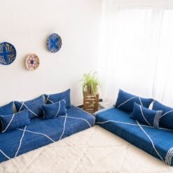 Top view of Moroccan blue floor sofa – handwoven low seating set with plain cushions for relaxed boho spaces