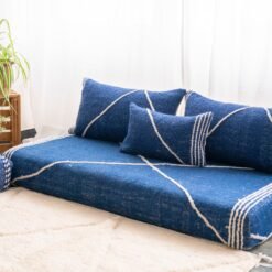 Right side view of handcrafted blue Moroccan floor sofa – boho-style low seating with cushion covers for modern interiors