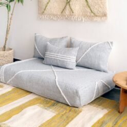 Right side view of light gray Moroccan floor couch – handcrafted sofa with cushion covers for modern and neutral interiors