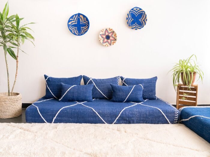Main image of blue handmade Moroccan floor couch – artisan low seating with plain cushions for calming boho-style interiors