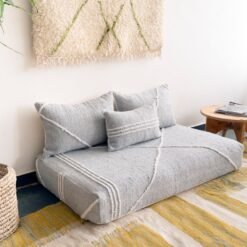 Left angle of light gray handmade Moroccan floor sofa – perfect for minimalist and Scandinavian decor styles