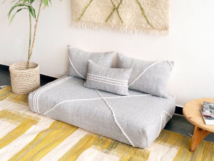 Top-down view of light gray floor sofa – handmade Moroccan seating for stylish and calm living spaces