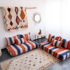 Top view of Moroccan wool floor sofa in Cream with Blue and Orange Stripes – handmade low couch set with cushions for modern bohemian decor