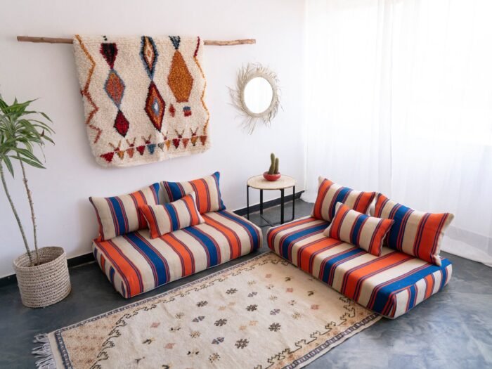 Top view of Moroccan wool floor sofa in Cream with Blue and Orange Stripes – handmade low couch set with cushions for modern bohemian decor