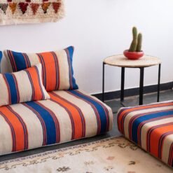 Top view of Moroccan wool floor sofa in Cream with Blue and Orange Stripes – handmade low couch set with cushions for modern bohemian decor
