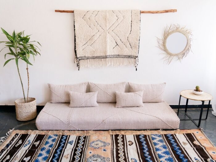 Video of beige and white Moroccan handmade couch – artisan floor sofa for boho-chic and minimalist interiors