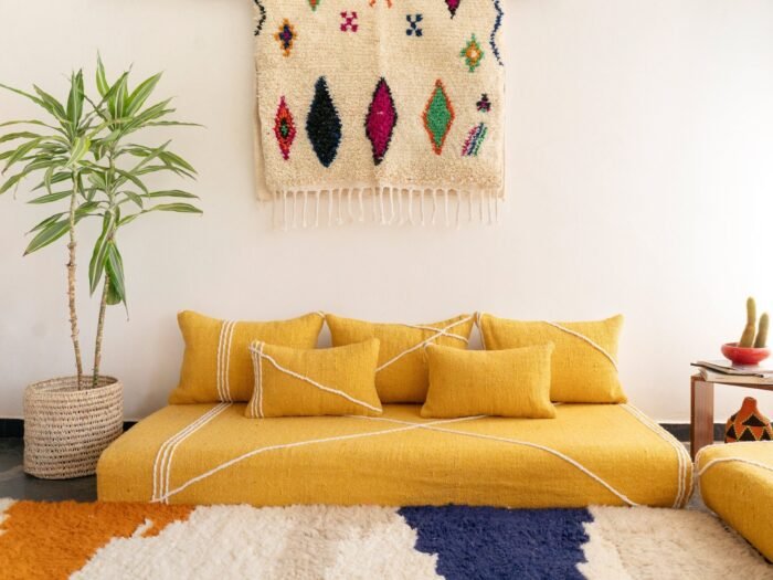 Handmade yellow Moroccan floor sofa set – vibrant boho seating with plain cushions for cozy and eclectic home decor