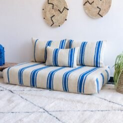 Right view of Moroccan handmade floor sofa in cream and blue – low couch for boho and Mediterranean decor