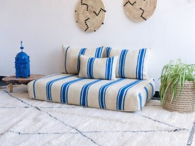 Right view of Moroccan handmade floor sofa in cream and blue – low couch for boho and Mediterranean decor