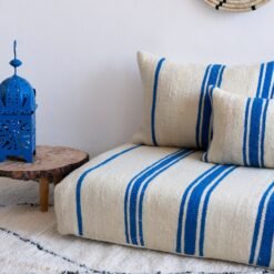 Right view of Moroccan handmade floor sofa in cream and blue – low couch for boho and Mediterranean decor