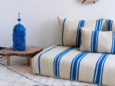 Right view of Moroccan handmade floor sofa in cream and blue – low couch for boho and Mediterranean decor