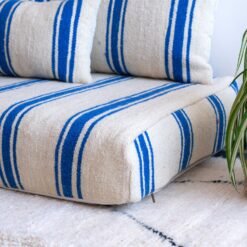 Right view of Moroccan handmade floor sofa in cream and blue – low couch for boho and Mediterranean decor