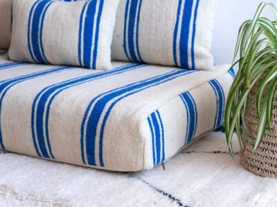 Right view of Moroccan handmade floor sofa in cream and blue – low couch for boho and Mediterranean decor