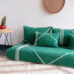 Right side view of handmade green Moroccan floor couch with cushion cover set – perfect for boho and nature-inspired interiors