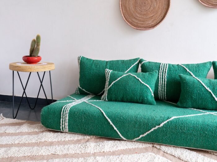 Right side view of handmade green Moroccan floor couch with cushion cover set – perfect for boho and nature-inspired interiors