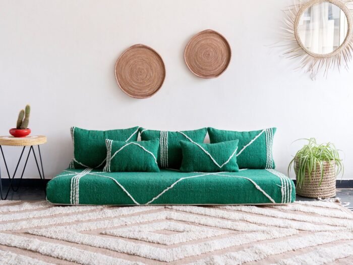 Main image of green handmade Moroccan floor couch – artisan low seating set with plain cushions for bohemian and natural living rooms