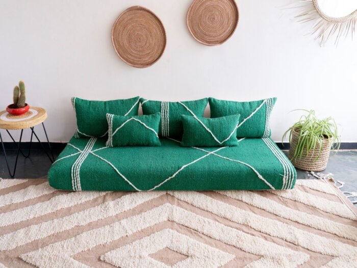 Main image of green handmade Moroccan floor couch – artisan low seating set with plain cushions for bohemian and natural living rooms