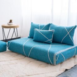 Right side view of turquoise Moroccan floor seating – handmade low sofa for relaxed coastal or boho spaces