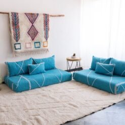 Artisan turquoise Moroccan floor sofa with matching plain cushions – perfect for coastal, boho, or modern living spaces
