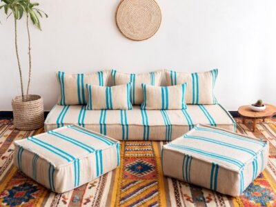 Handmade Moroccan Floor Couch Set in Cream & Turquoise Stripes